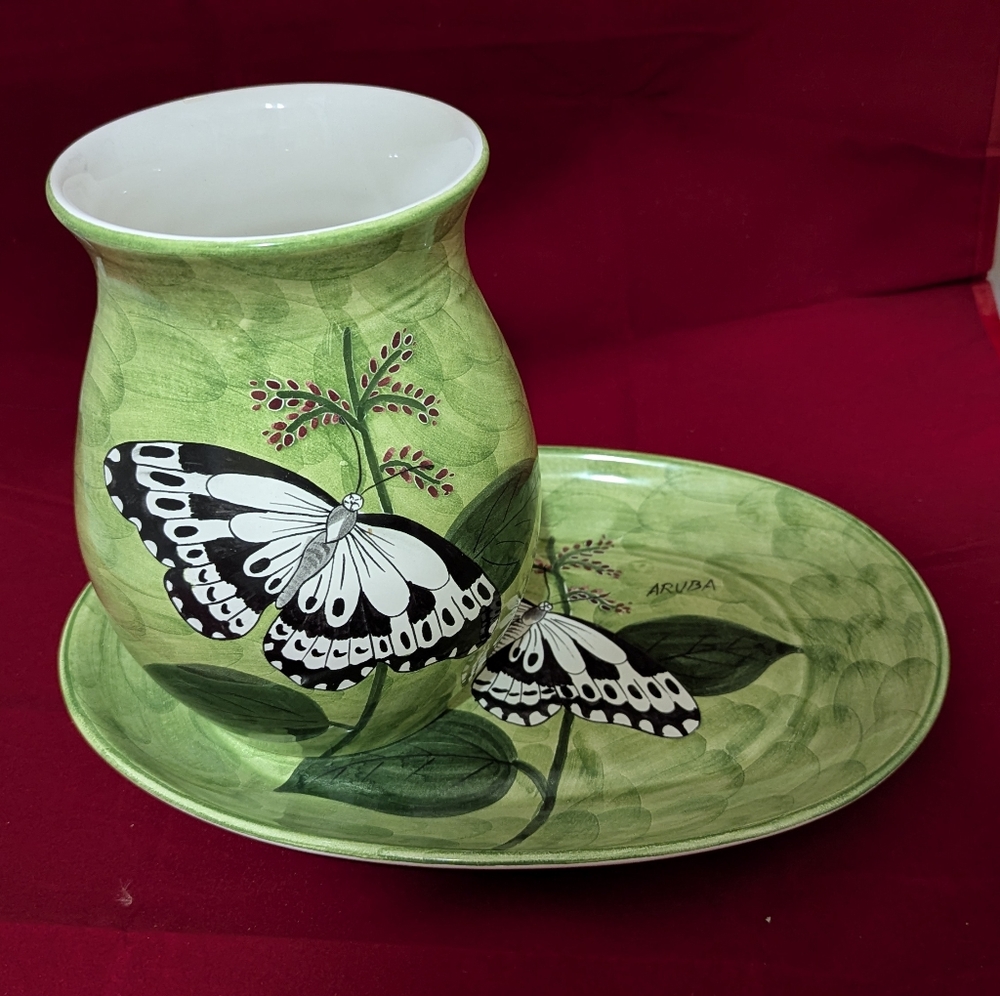 Green and Black Butterfly Vase and Plate Set